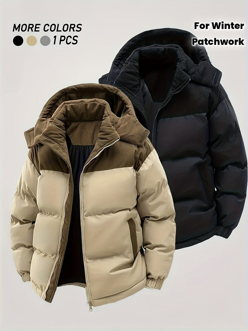 Men'S Thickened Winter Jacket with Corduroy Patchwork And Hood.