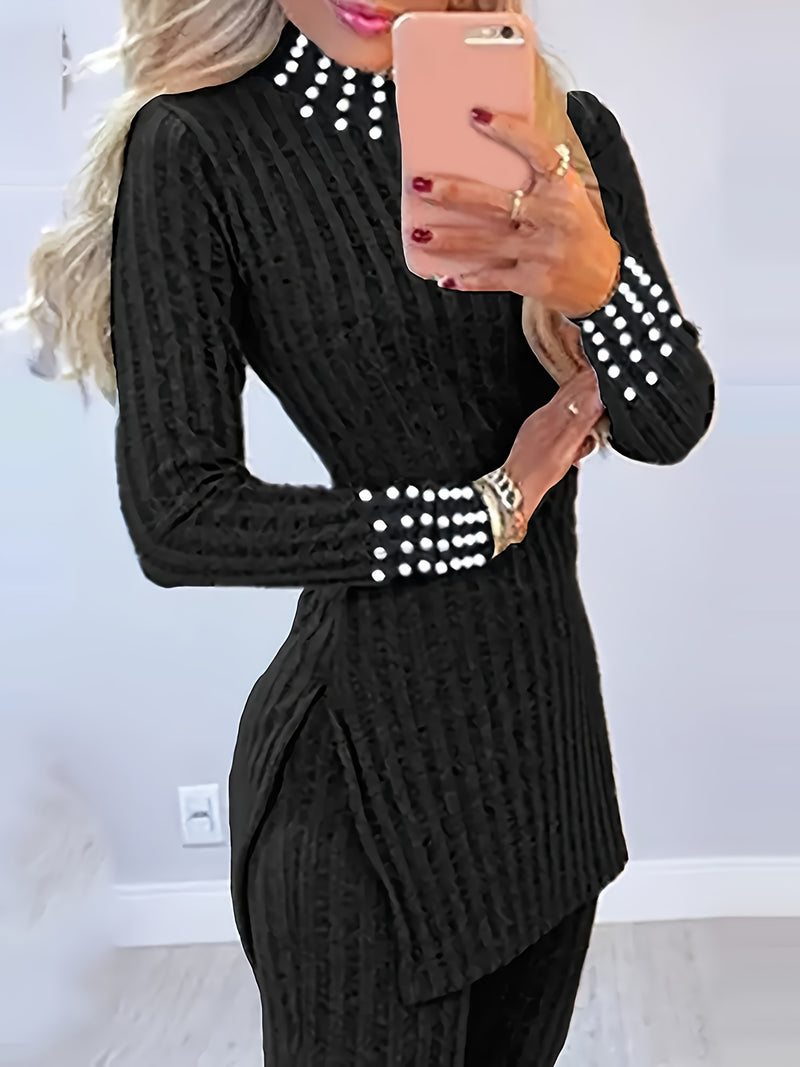 Elegant Women's Split-Top And Long Pants Outfit.