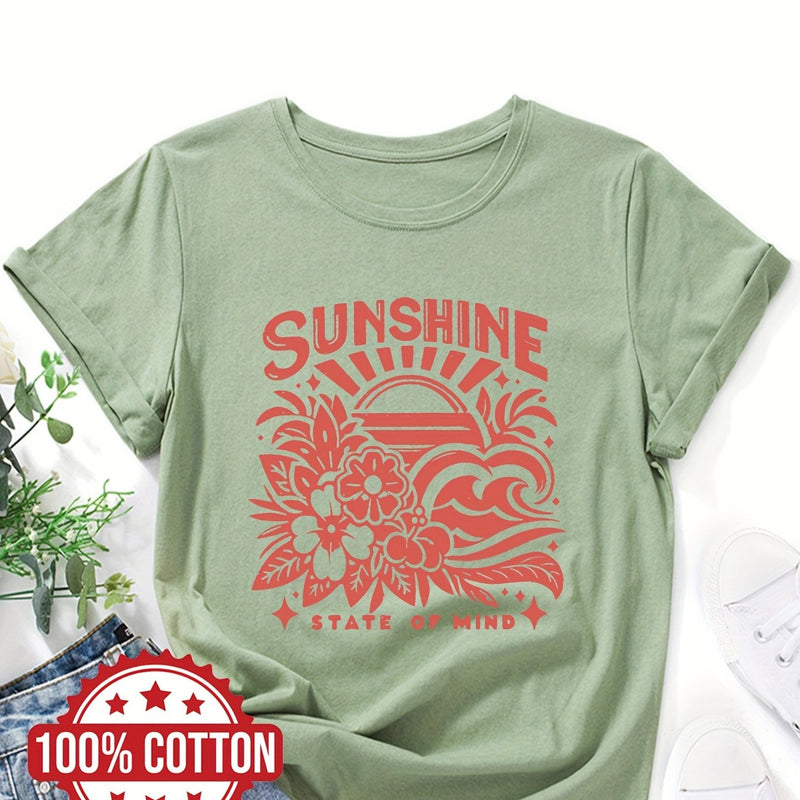 Women's Casual Crew Neck T-Shirt with "SUNSHINE" Graphic Print.