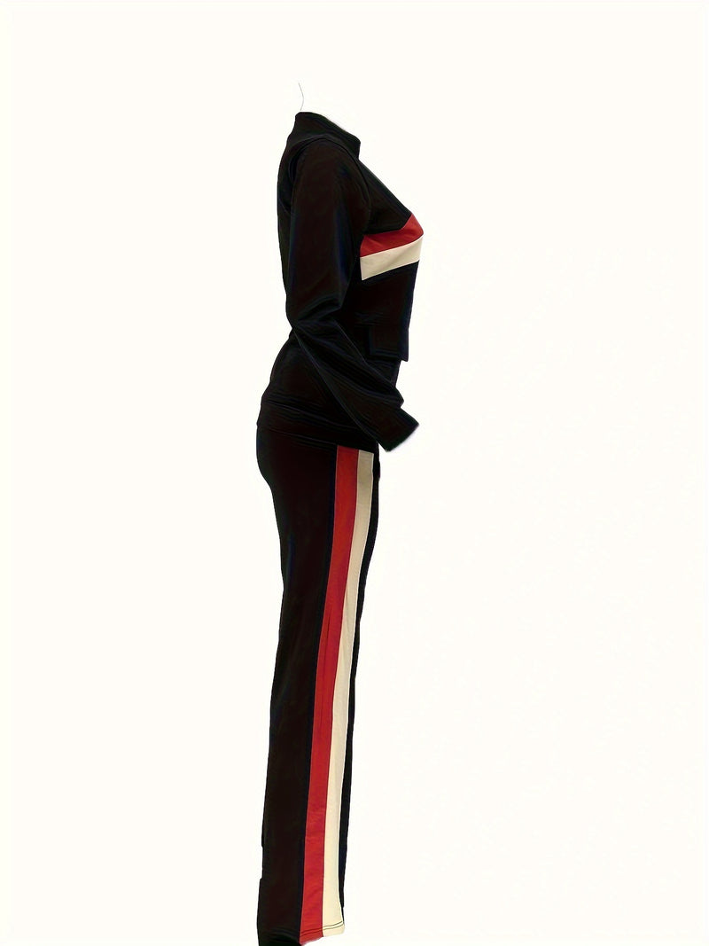 Women's Color-Blocked with Pockets, Stylish And Casual Two-Piece Set.