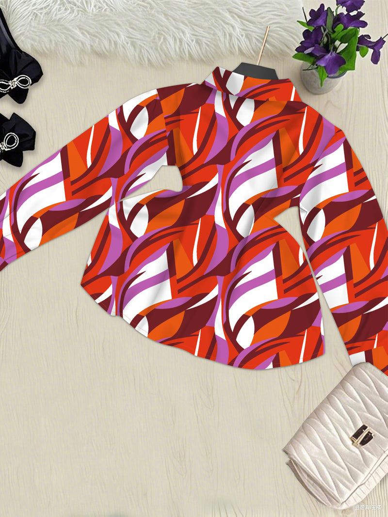 Women’s Two-Piece Set Featuring a Geometric Print Shirt And Solid Color Trousers.