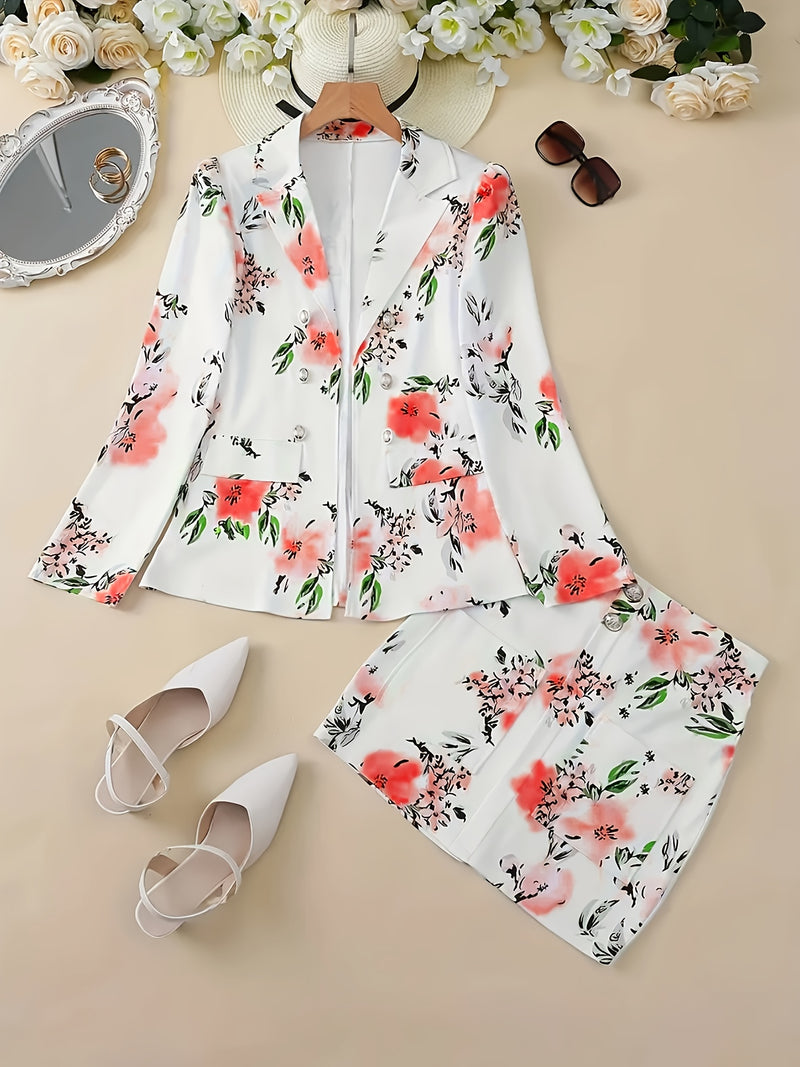 Women's Elegant Floral Print Blazer & Skirt Set.