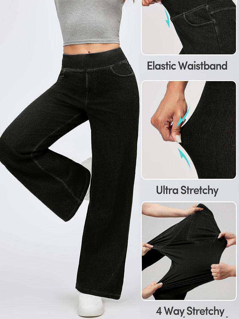 Black Trendy Elastic Waist Straight-Leg Flared Jeans for Women.