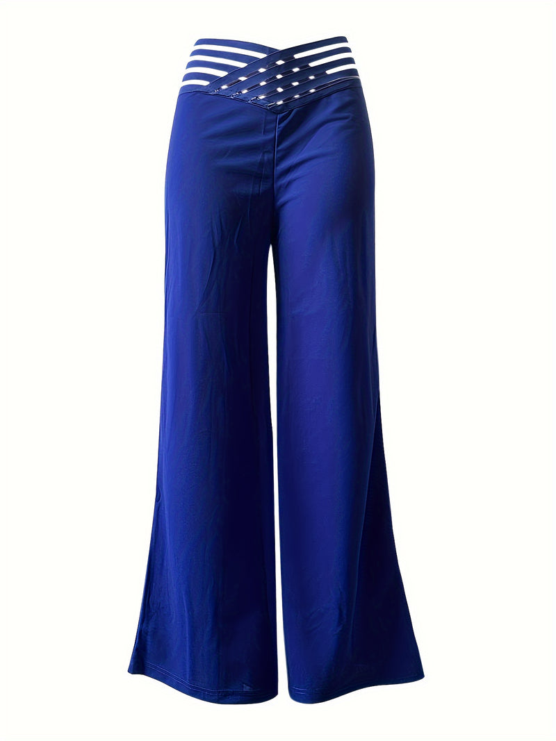 Women’s Solid Color Cross-Over Transparent Mesh Patch High-Waist Pants.
