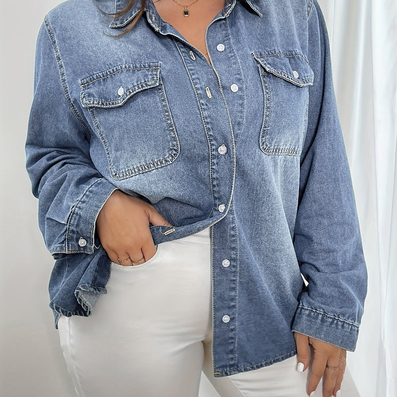 Women's Light Blue Denim Button-Up Shirt.