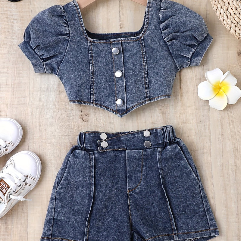 Girls Casual Trendy Stylish Y2K Denim Cropped Top & Shorts Set For Summer Holiday.