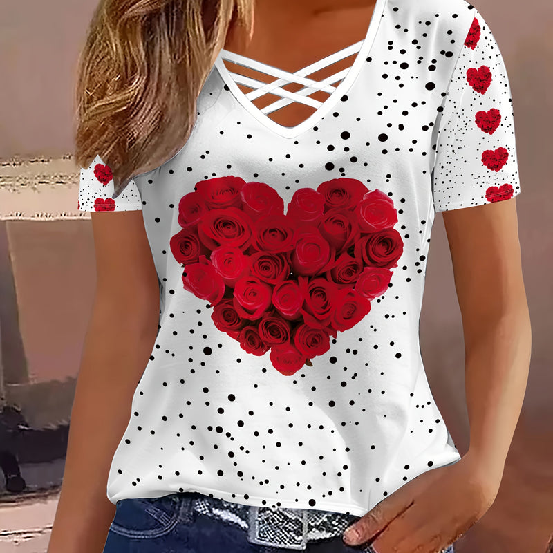 Elegant Women's Short-Sleeve T-Shirt with Heart And Rose Floral Print.