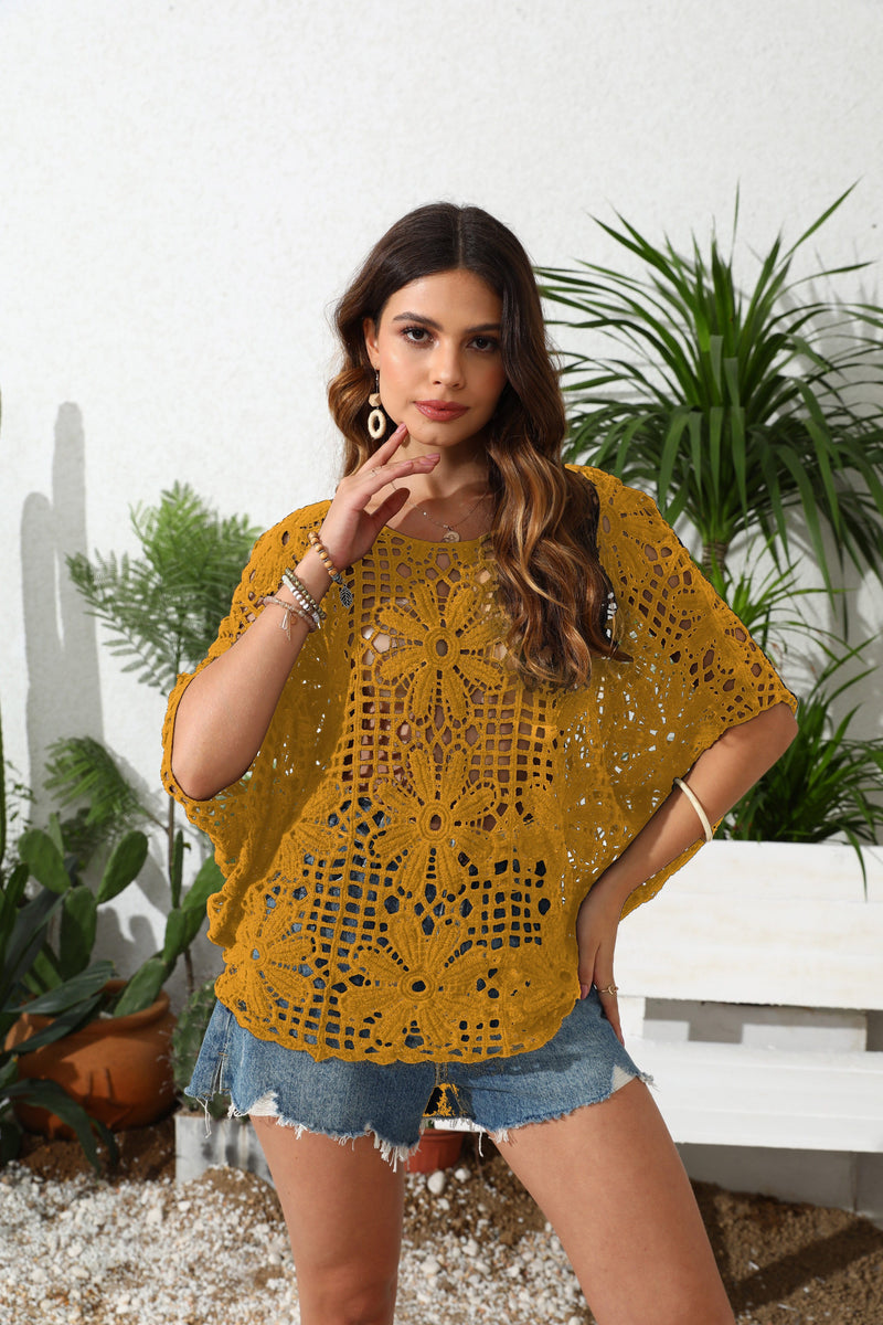 Women's Openwork Sweater - Sun Shield Cover-Up Blouse.