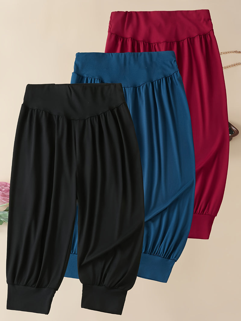 3pcs Women's 7/8 Harem Pants - Casual Stretch Polyester.
