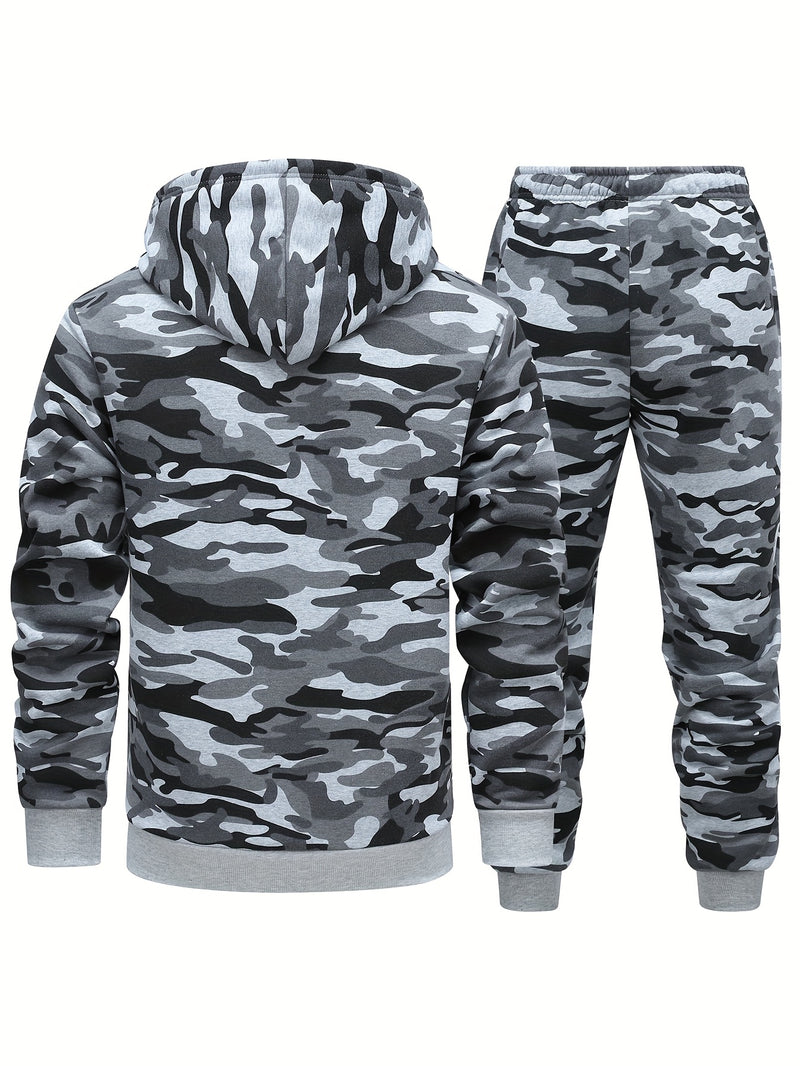 Men's Camouflage Print Hooded Sweatshirt and Jogger Set.