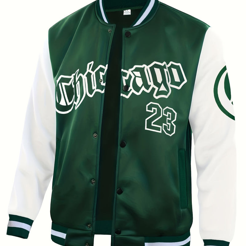 Men's Casual Letter Print Color Block Varsity Jacket, Baseball Jacket.