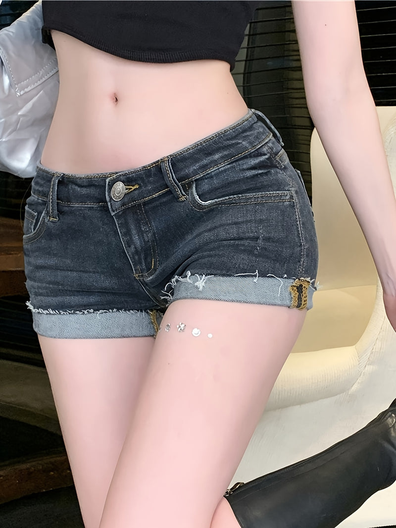 Hot Low-Rise Ultra-Short Women's Sexy Slim-Fit Fitted Raw- Denim Shorts Hot Pants.