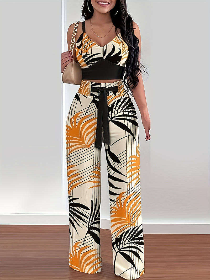 Women's Summer Club Straight-Leg Waist-Tie Print Slim-Fit High-Waist Pleated.