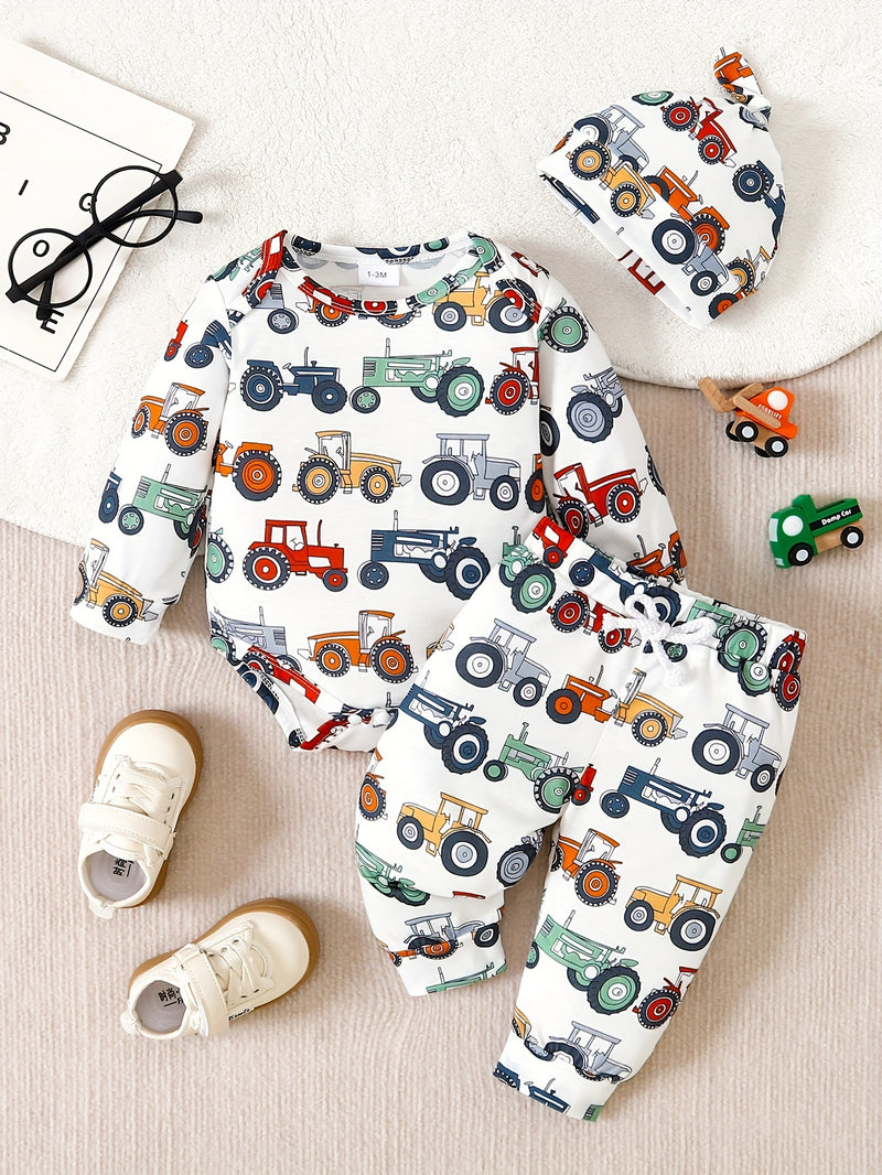 Boys' Cute Cartoon Tractor All-Over Print Romper and Comfortable Pants.