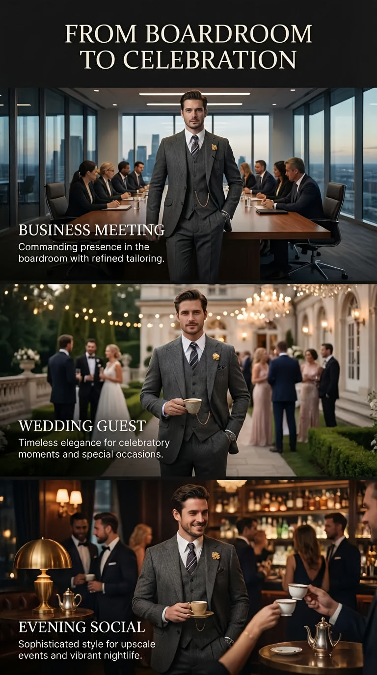 Men's Three-Piece Suit Made of Blended Herringbone Fabric.