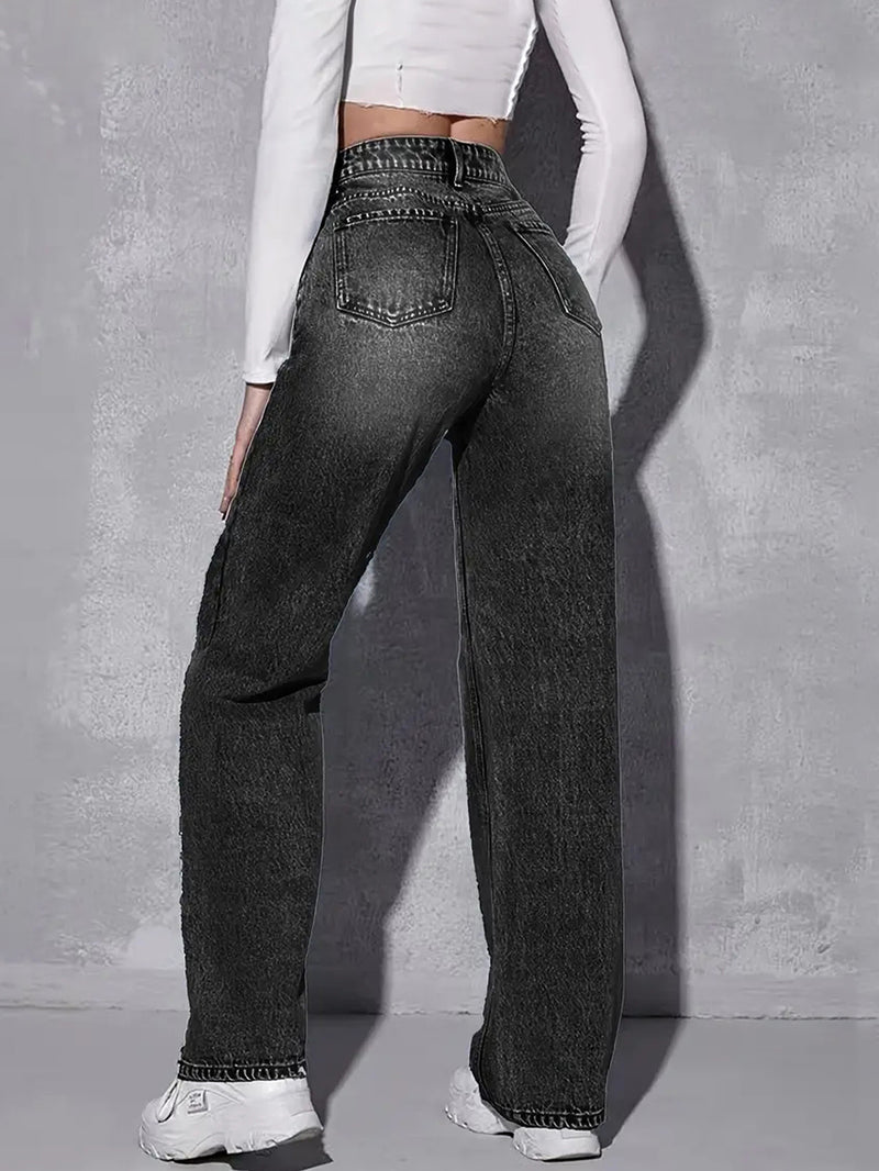 Women's Stretchy Retro Slim-Fit Straight-Leg Black Jeans.