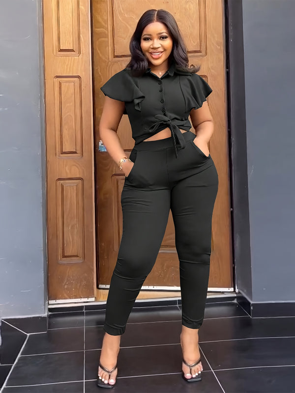 Women’s Single-Breasted Lapel Top, Tie-Up Two-Piece Set.