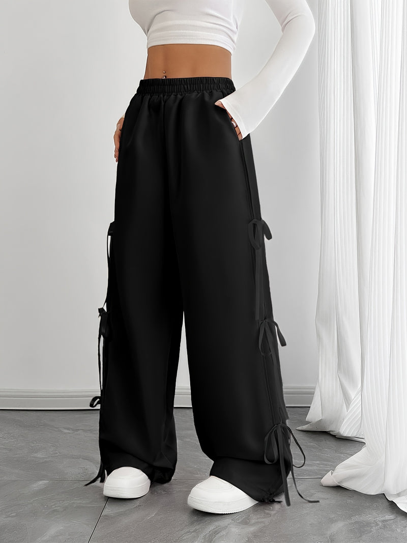 Women’s Elastic Waist Suitable for Spring, Wide-Leg Pants with Side Bow.