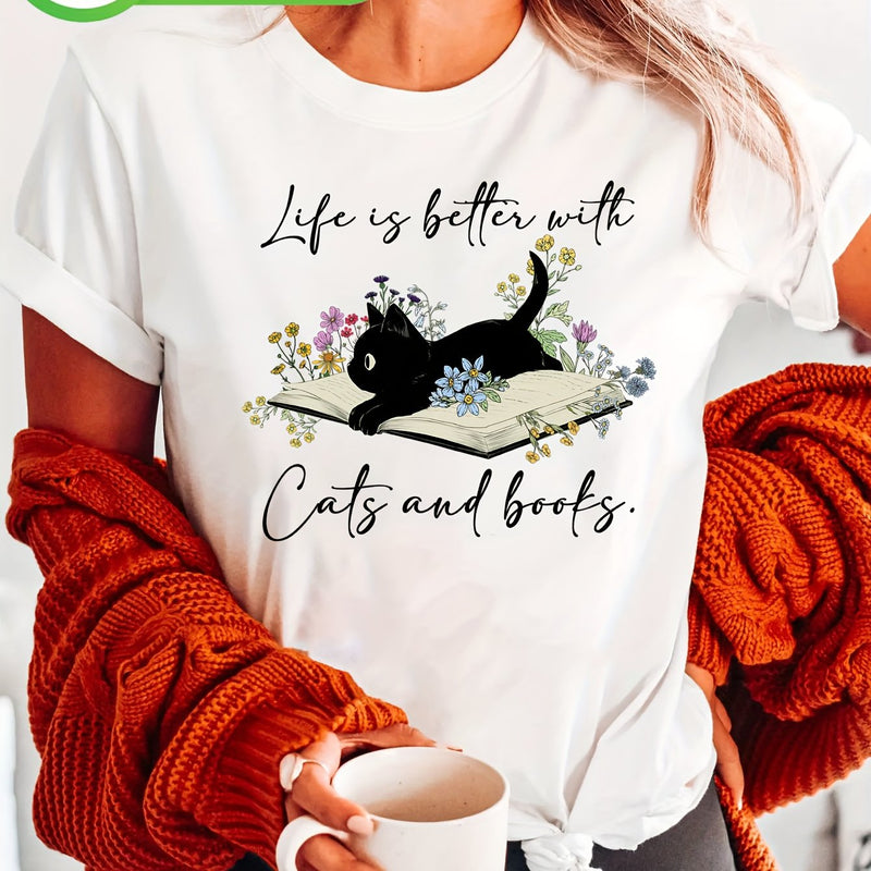 Women’s Cat Book Print T-shirt.