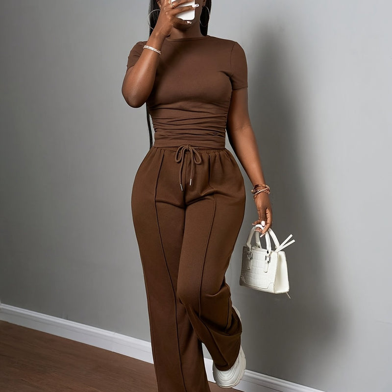 Women's Fashion Slimming Drawstring Wide Leg Pants Set.