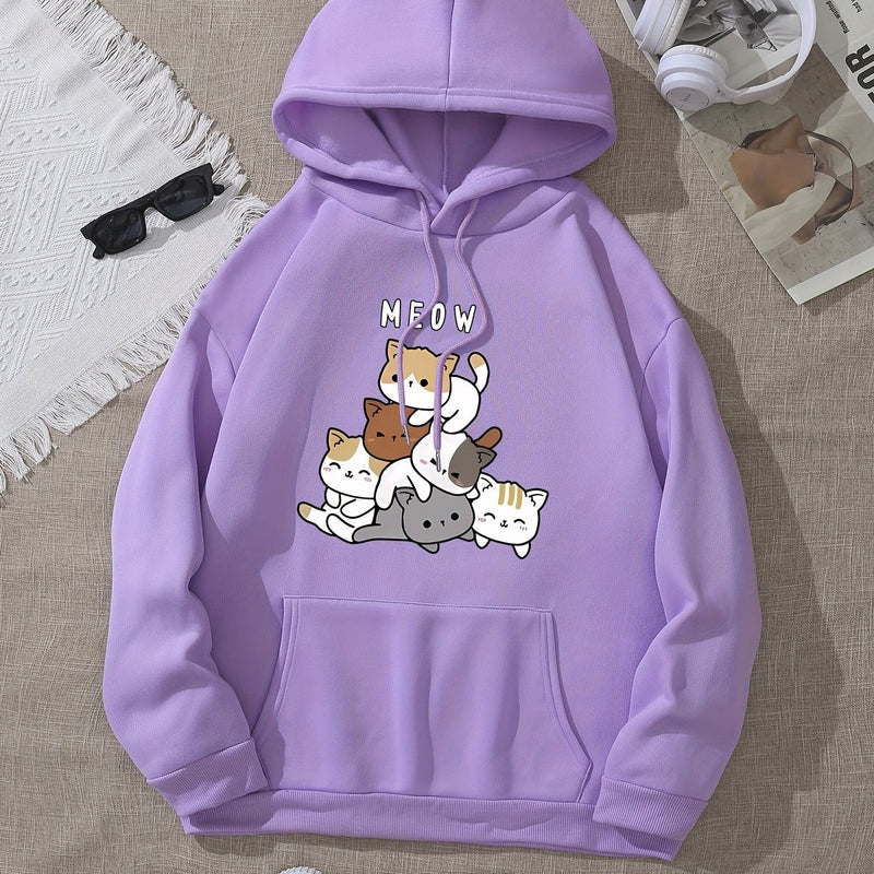 Women’s Fashion Hoodie Featuring a Cartoon Cat Letter Print Design.