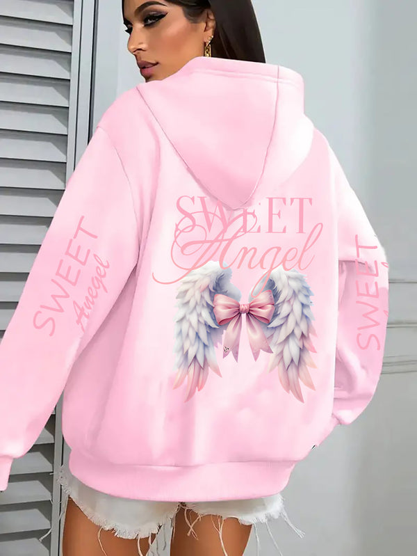 Women's Oversized Hoodie with Pink Wings & Angel Design.