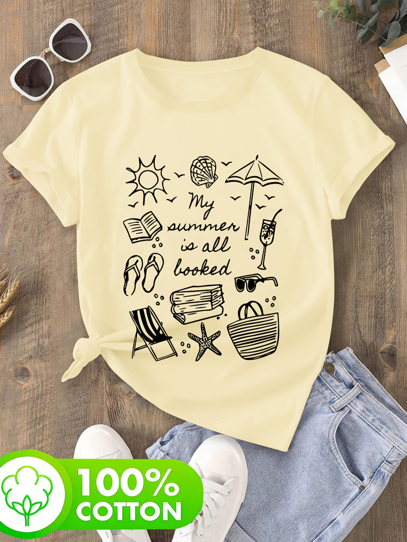 Women's Casual T-Shirt - Beach & Book Lovers Graphic Print.