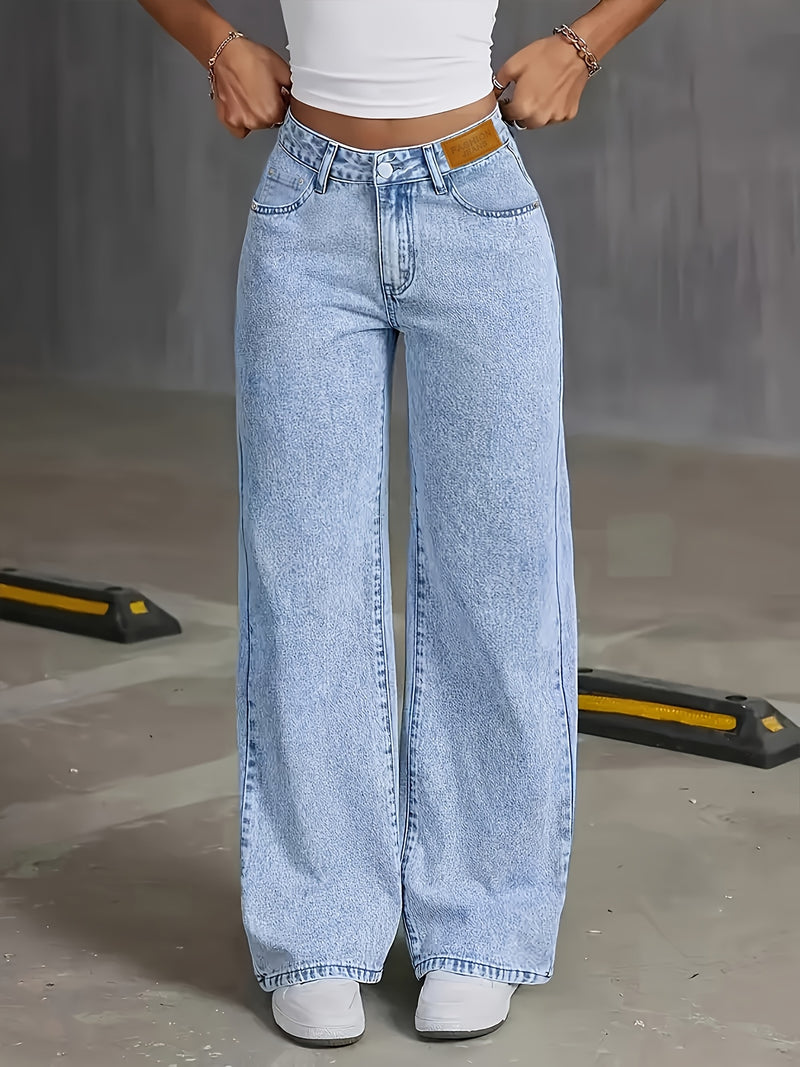Women's Distressed Snowflake Washed Loose Straight-Leg Jeans.
