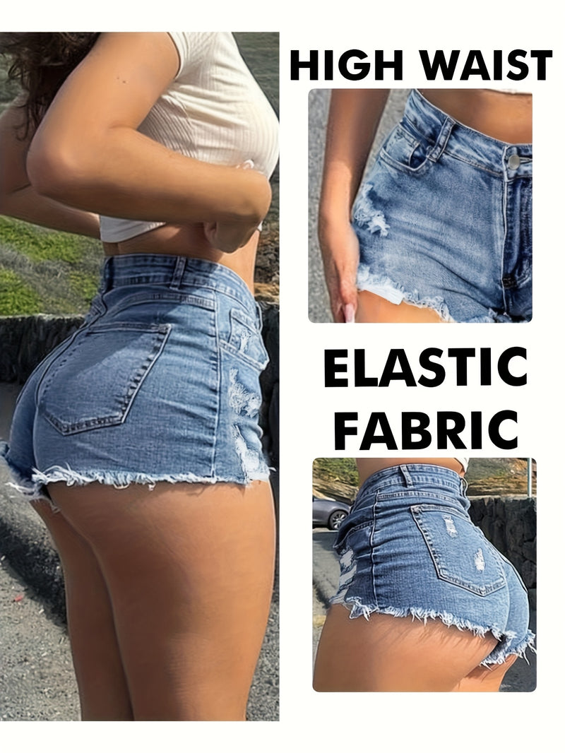 Women's High-Waisted Stretch Sexy Ripped  Denim Shorts.