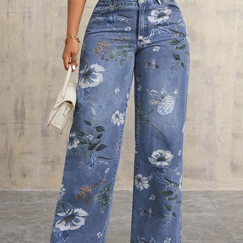 Vintage Floral Print Wide-leg Jeans for Women.