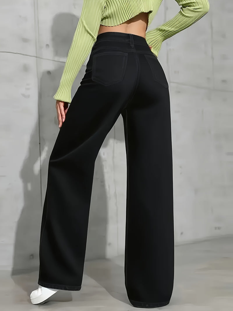 Ladies' Black Wide-leg Pants, Elastic Belt and Slanted Pockets.