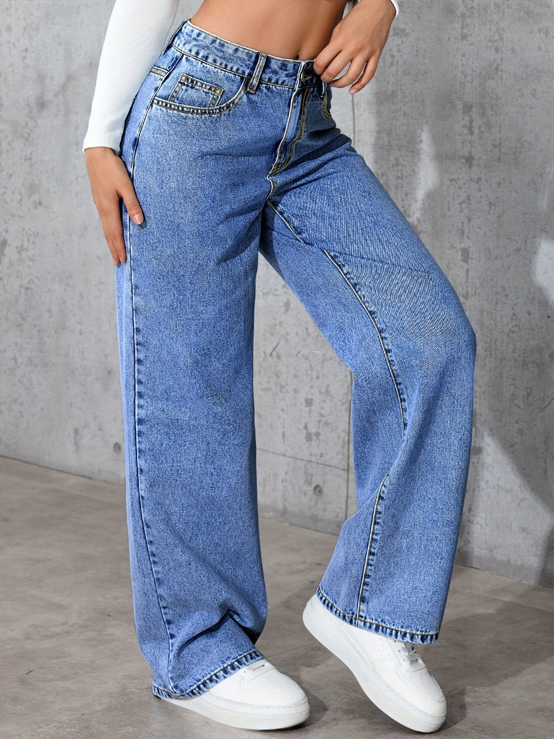 Women's High-Waisted Minimalist Versatile Vintage Wide-Leg Jeans.