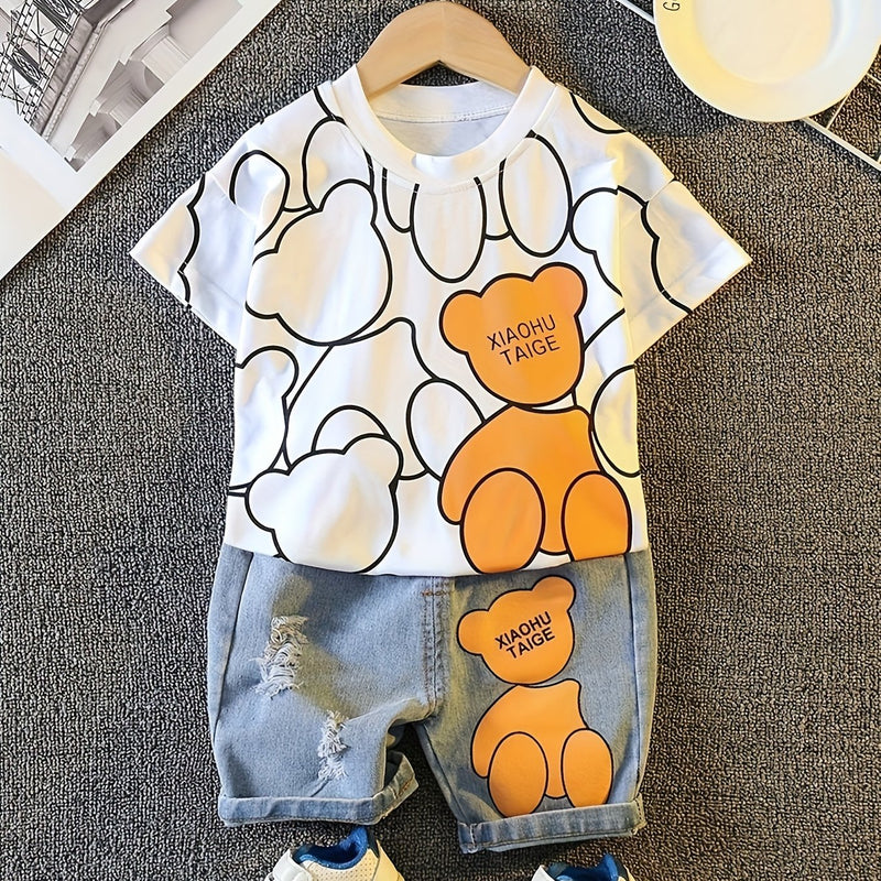 hibobi Cartoon print long sleeve t-shirt with denim shorts, Perfect for Outdoor.