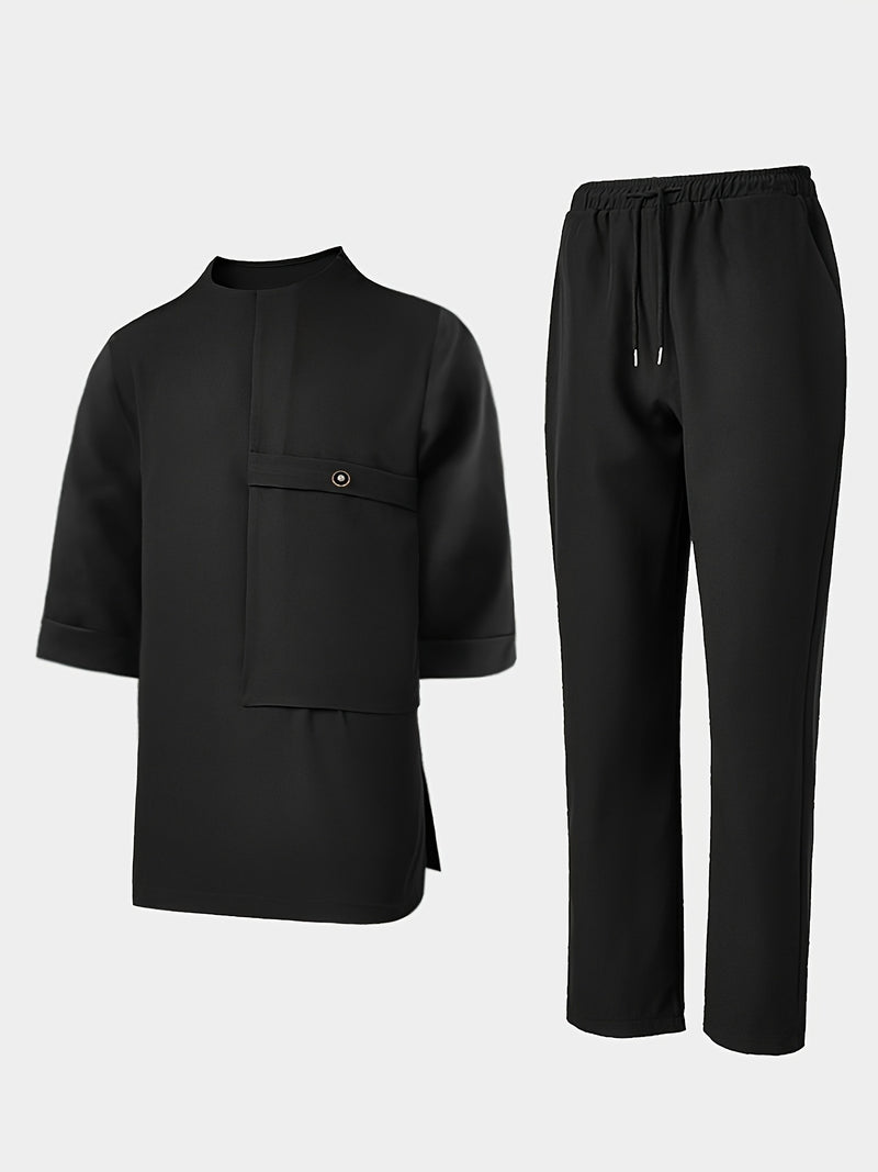 Men'S Suit, Short-Sleeved Top, Round Neck, Fake Pocket Design.