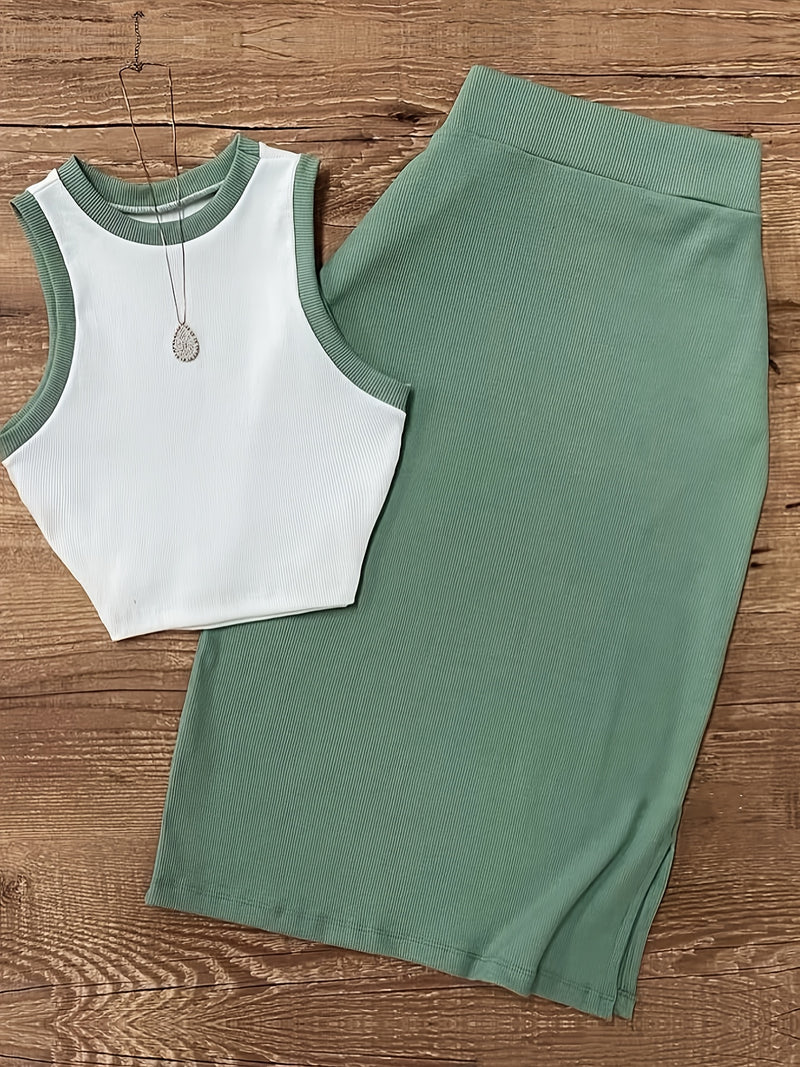 Women's Sleeveless Waistcoat and Split Skirt Set.