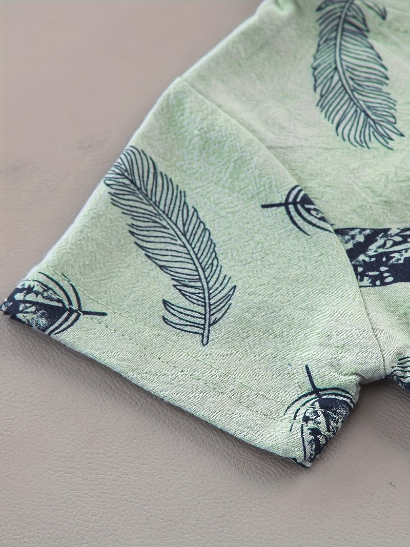 2pcs Boys' Casual Feather Shirt and Shorts Set Vibrant Yellow with Blue Accents.