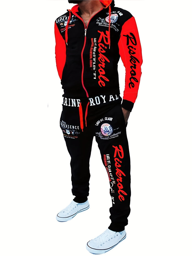 Men's Hooded Letter Print Hoodie Sports Running 2pcs Hoodie Casual Suit.