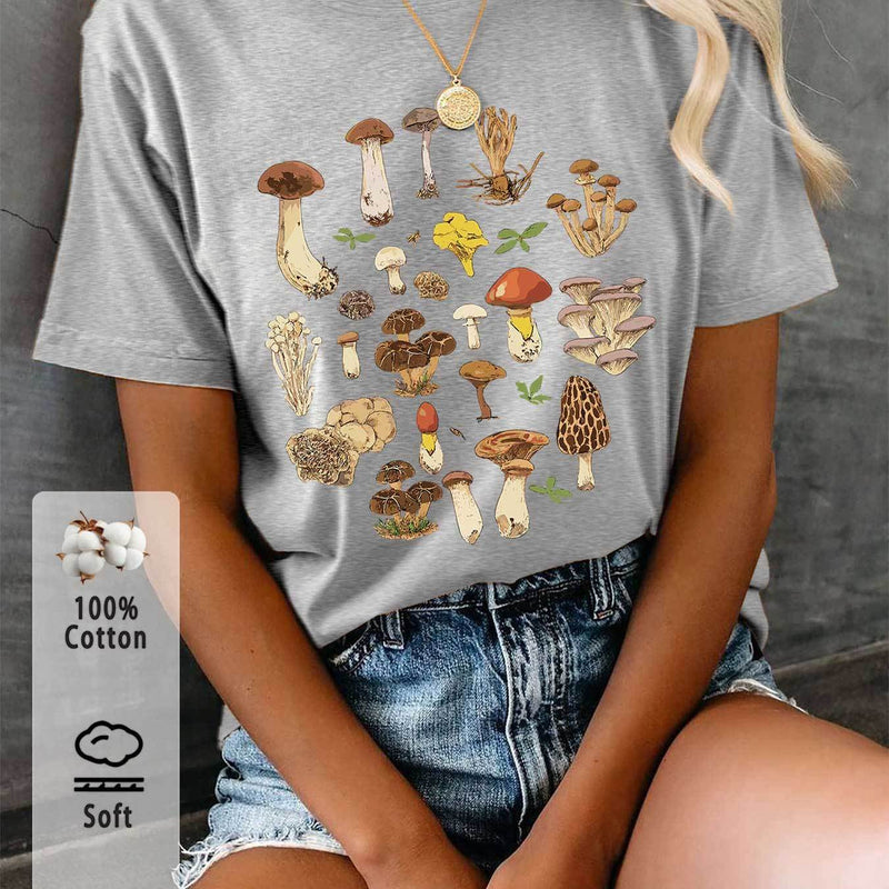 Women’s T-Shirt with Mushroom And Leaf Prints.