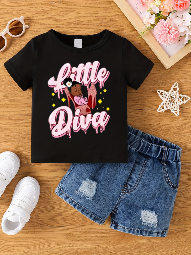 Baby Girl Round Neck Cartoon Girl Letter Pattern Top Casual Denim Shorts.