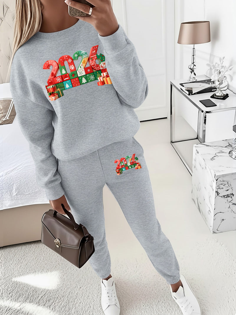 Women's Pullover Round Neck Sweatshirt And Tapered Pants Two-Piece Set.
