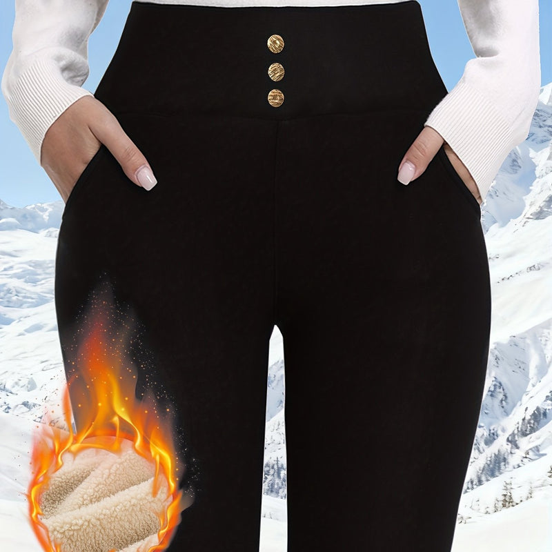 Women's High-Waisted Thermal Leggings with Button Pockets.