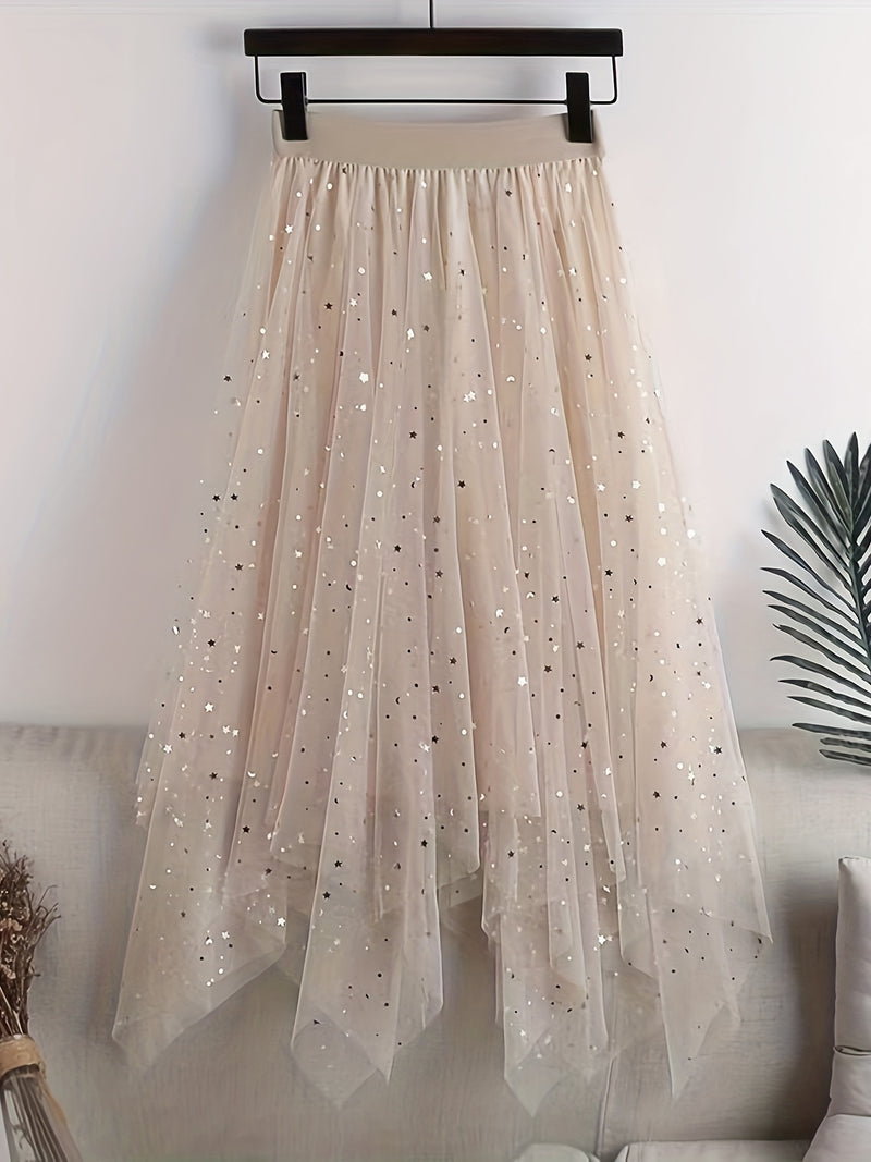New Women's Sequin Mesh Midi Skirt, High-Waisted.