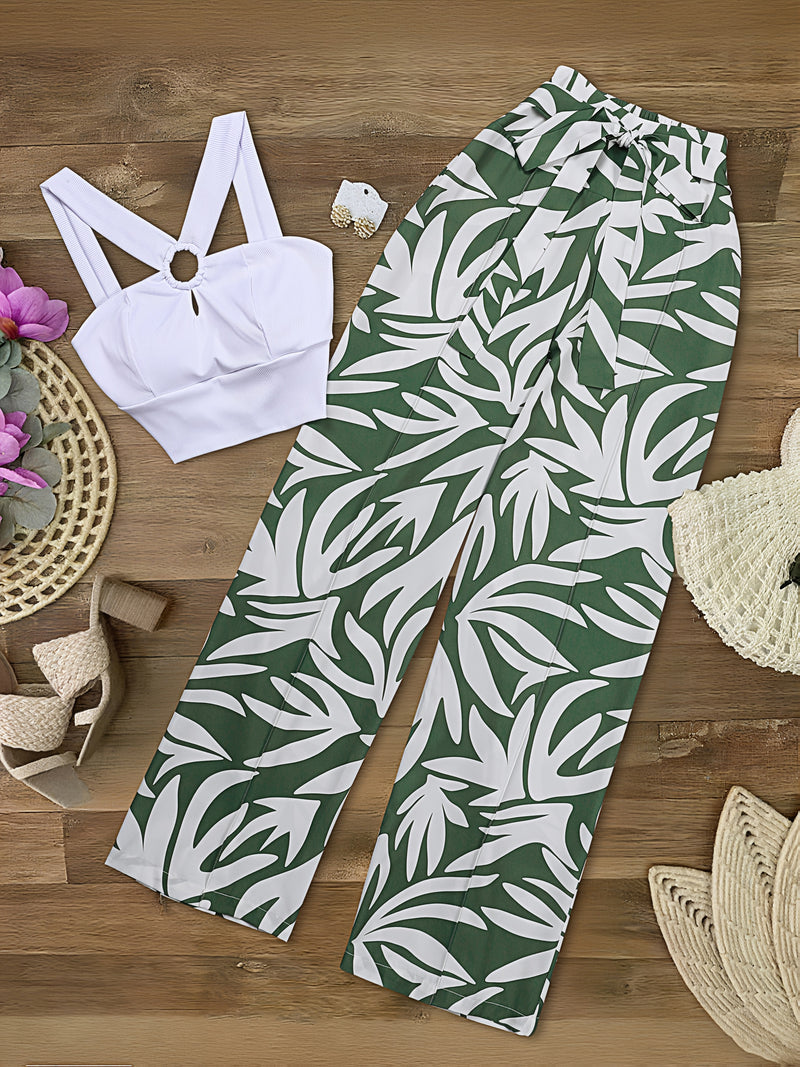 Women’s Elegant White Off-Shoulder Tank Top & Green & White Geometric Print Wide-Leg Pants.