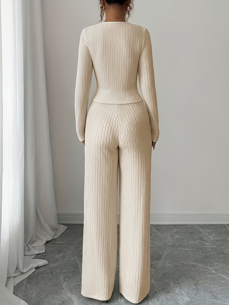 Women's Elegant Button-Up Long Sleeve Square Neck Pants Set.