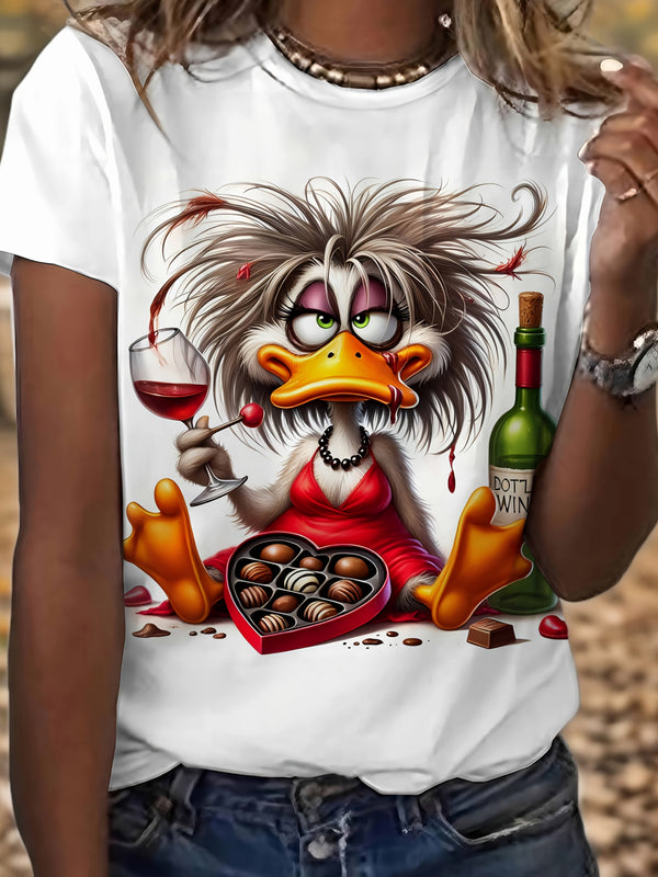 A Short-Sleeved Shirt Featuring a Casual Duck Wine Chocolate Design, Perfect for Women.