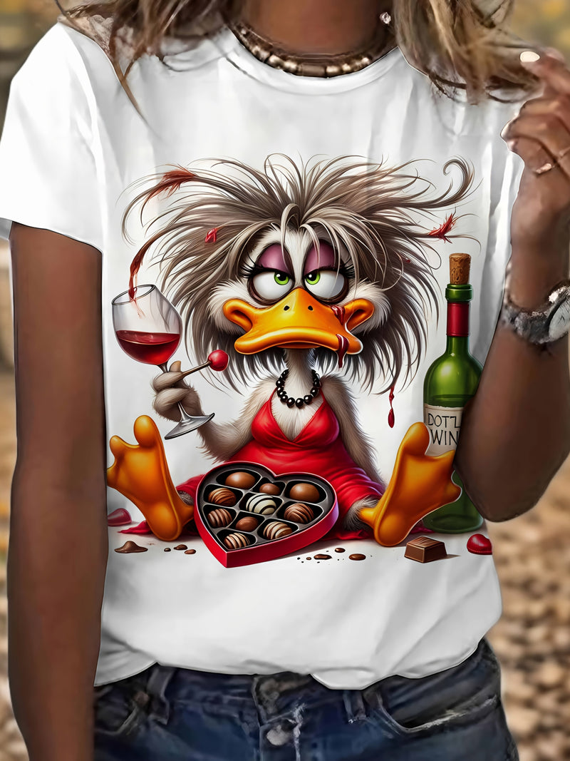 A Short-Sleeved Shirt Featuring a Casual Duck Wine Chocolate Design, Perfect for Women.