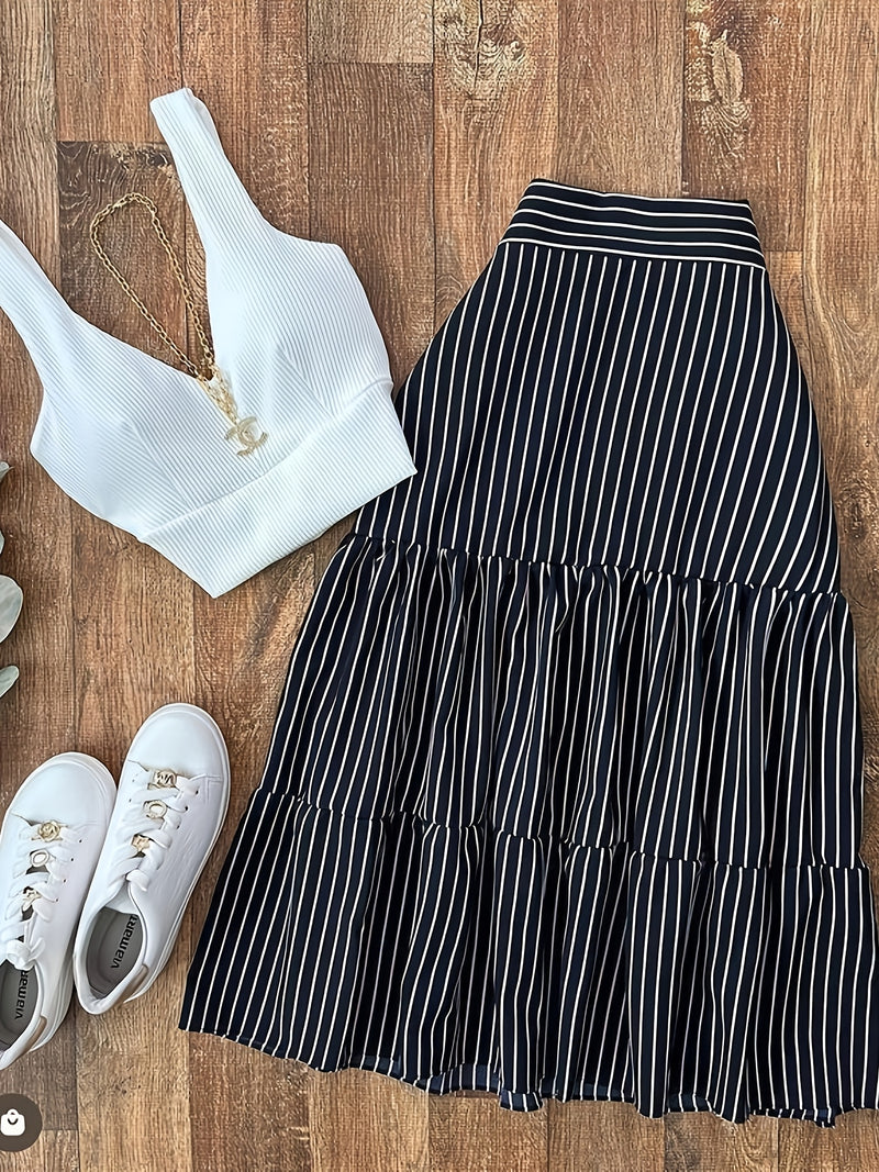 Women’s Strappy Tank Top + High-waisted Pleated Loose Tiered Cake Skirt.