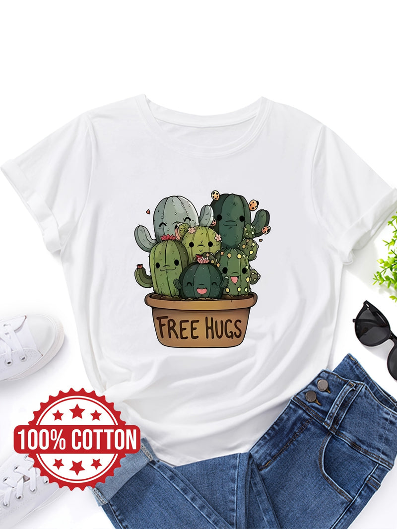 Women's "Free Hugs" Slogan T-Shirt.