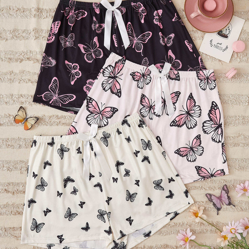 3pcs Allover Butterfly Print Clothing Bottoms, Casual Bow Decor Elastic Fit Shorts.