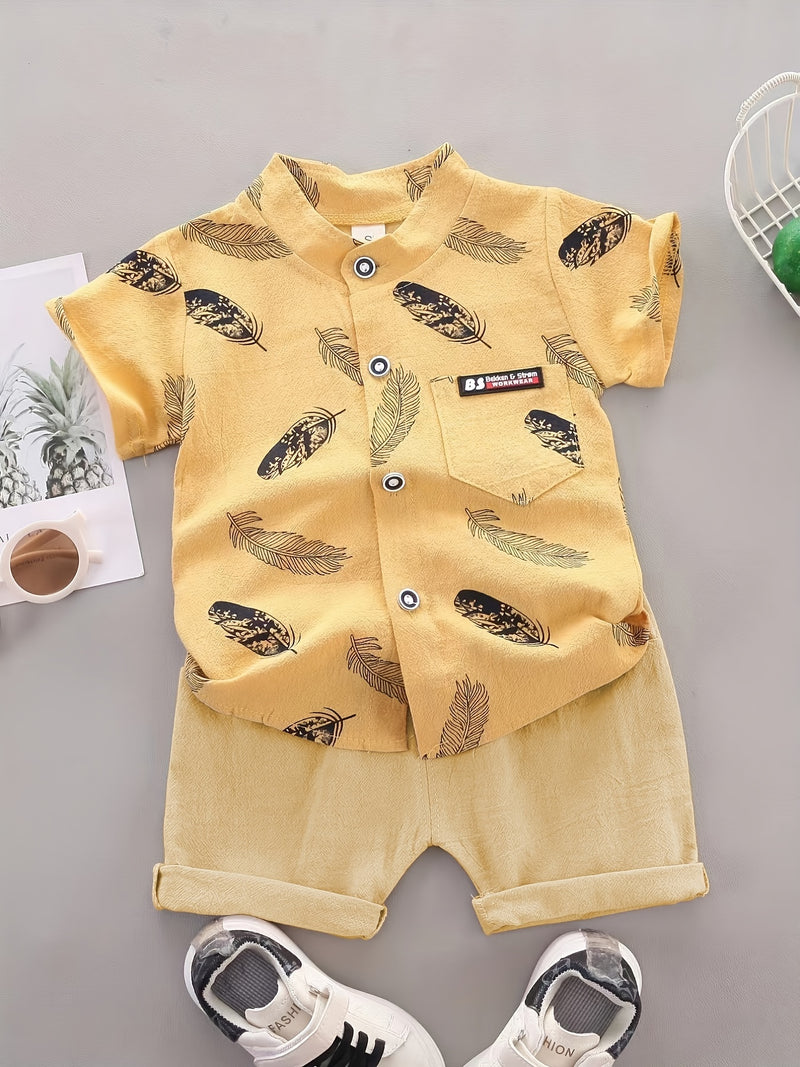 2pcs Boys' Casual Feather Shirt and Shorts Set Vibrant Yellow with Blue Accents.
